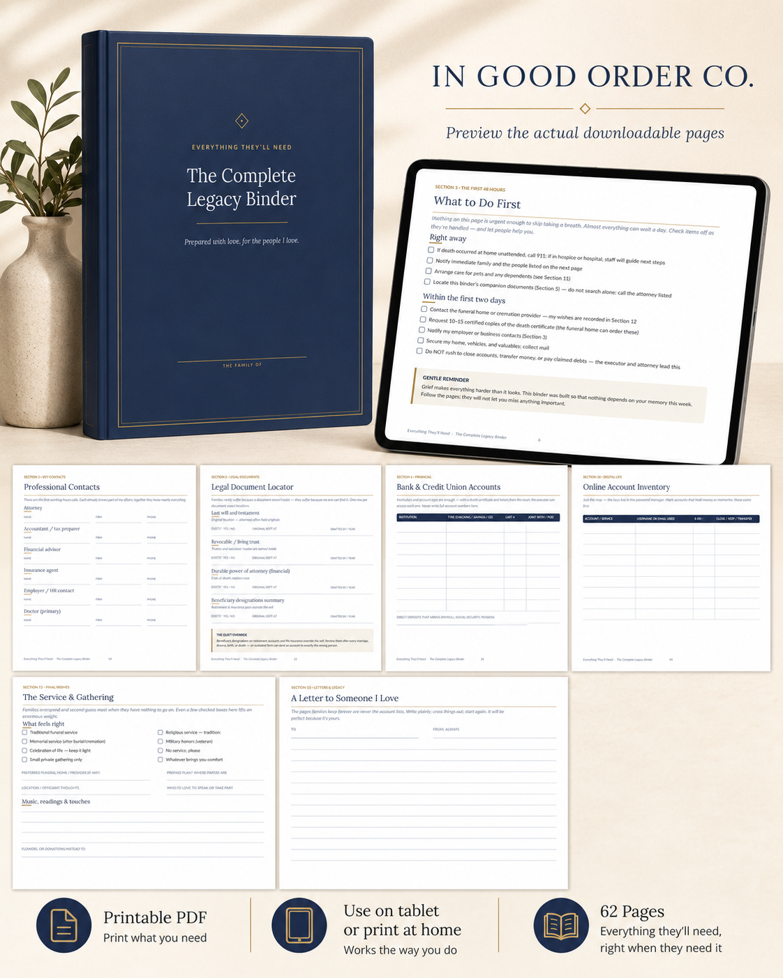 The Complete Legacy Binder standing on a wooden desk beside two printed sample pages — 'The First 48 Hours' and 'Who to Call, In Order' — with a pen and linen napkin.