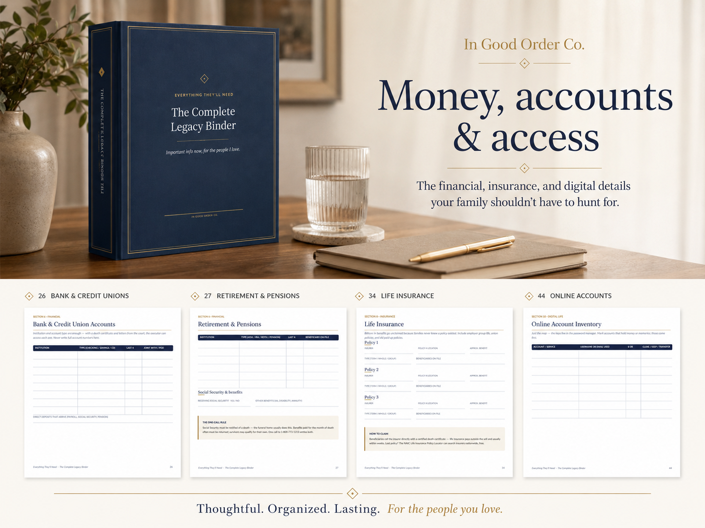 Sample pages: Bank & Credit Union Accounts, Retirement & Pensions, Life Insurance, Online Account Inventory.