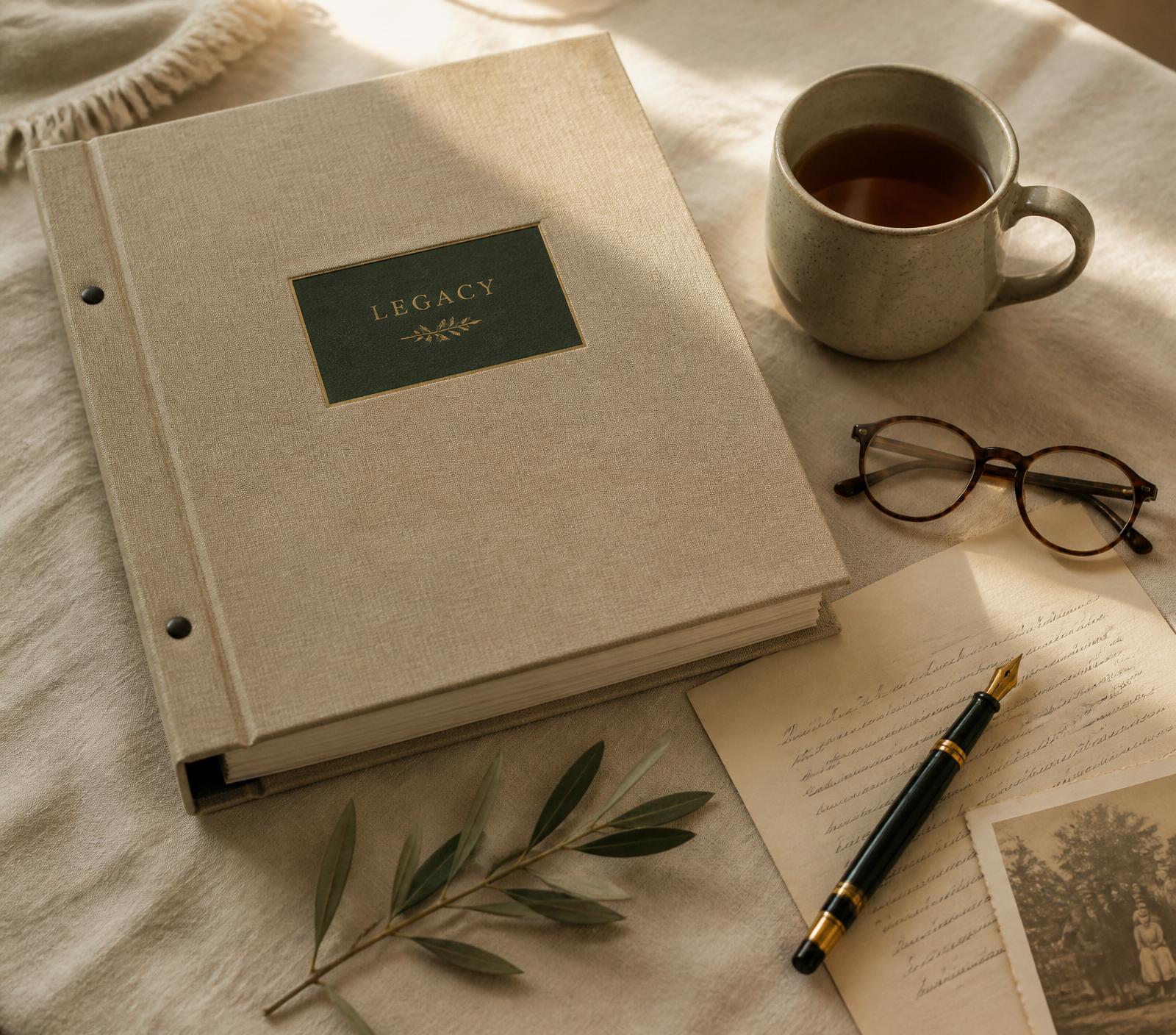 The Legacy Binder resting on a linen tablecloth beside a pen, a handwritten note, reading glasses, an olive sprig, and a mug of tea.